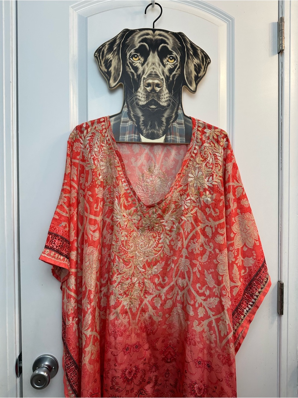 Sevya Handmade Boho V-Neck Floral Caftan Top in Coral